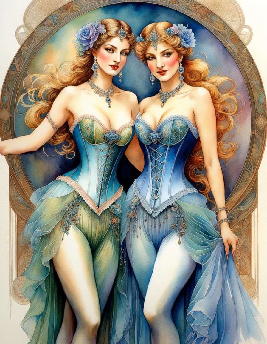 Dance Hall Girls in Watercolor Art Nouveau Style