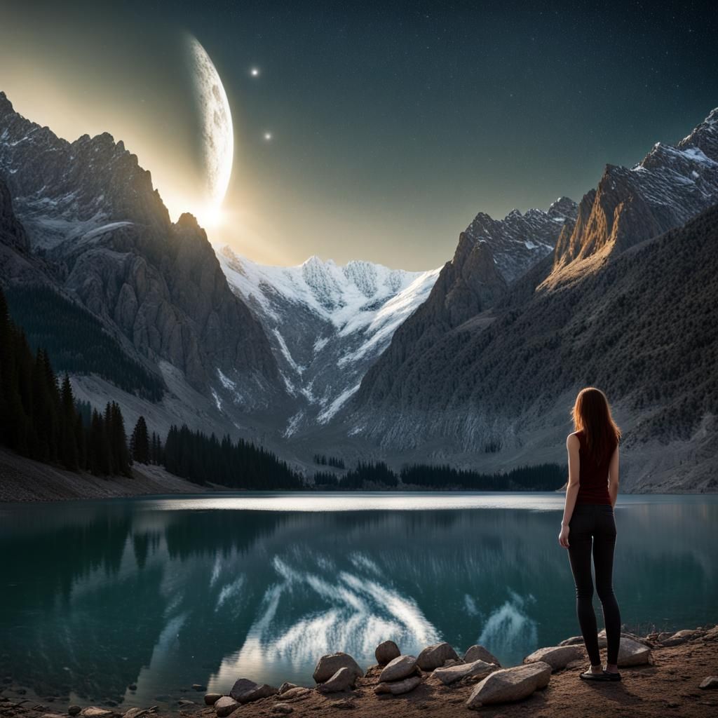 Serene Lake Reflects Woman Gazing at Comet