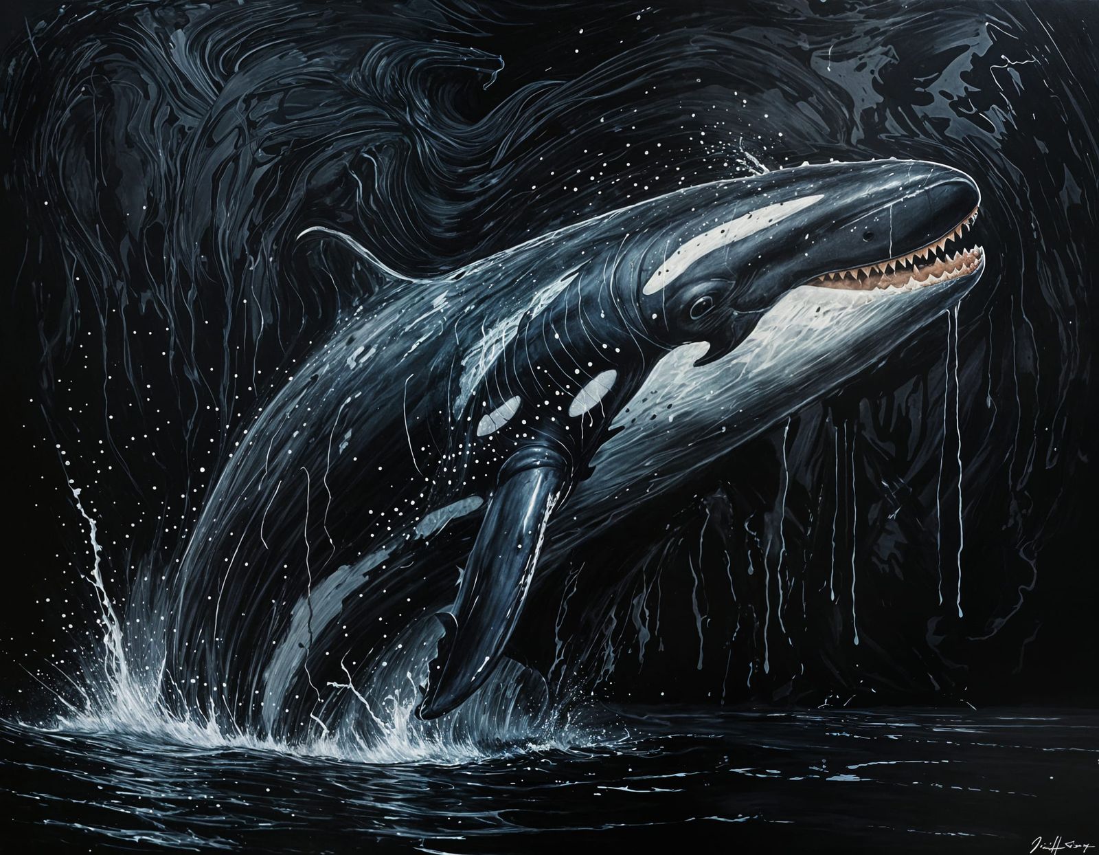 Grunge Style Killer Whale Painting with Silver Highlights