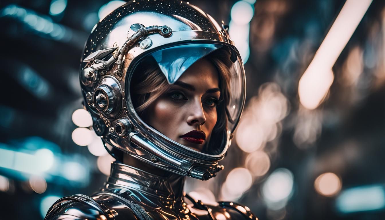 Cyberpunk Space Rider on Dragon in Chrome Style