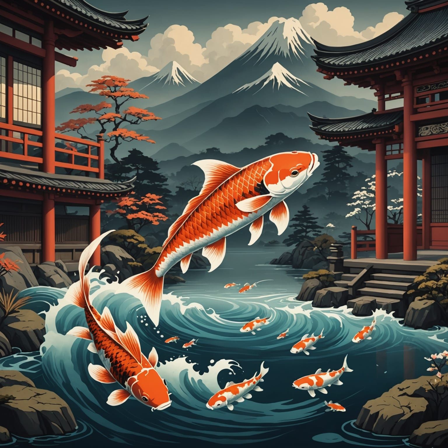 Ukiyo-e Koi Fish Digital Matte Painting