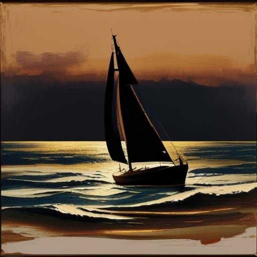 Sailboat Silhouette in Golden Hour Gouache