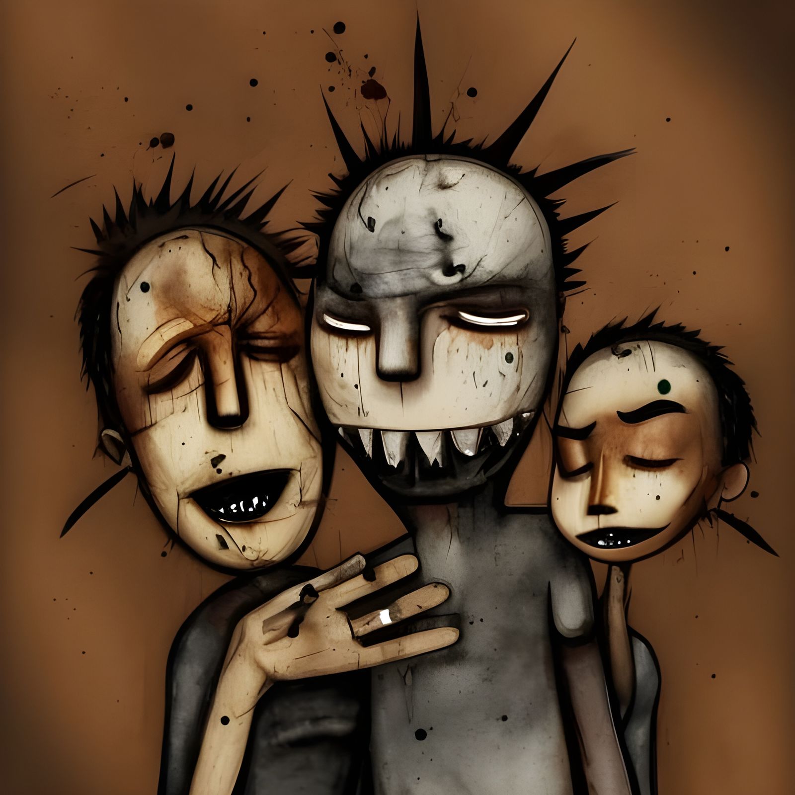 Distressed Man with Wooden Teeth in Watercolor