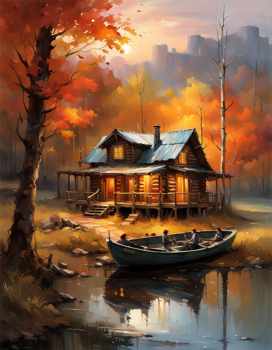 Maple Cabin in Bayou at Sunset: Detailed Matte Painting