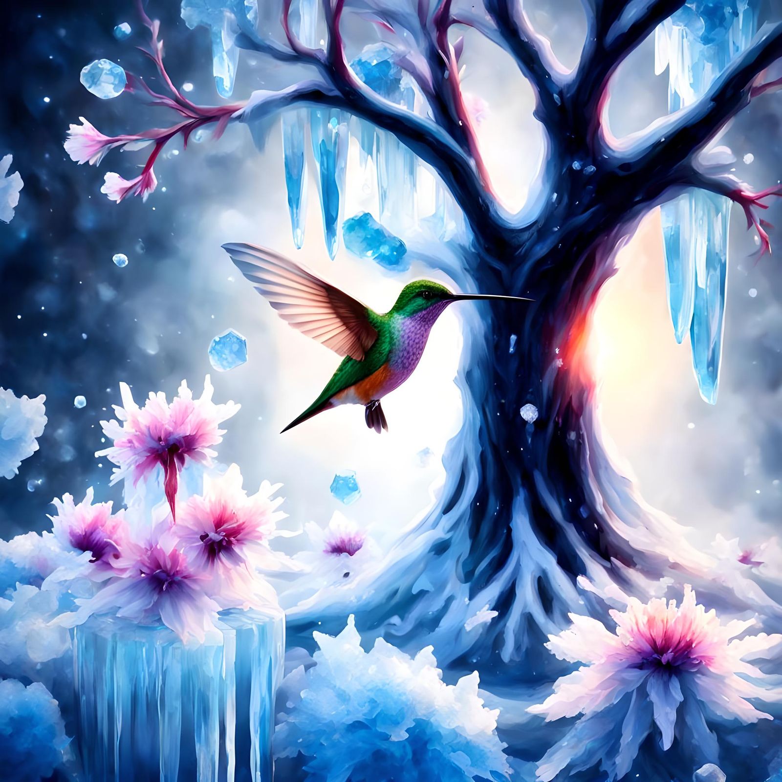 Hummingbird and Ice Flowers in Ethereal Fantasy
