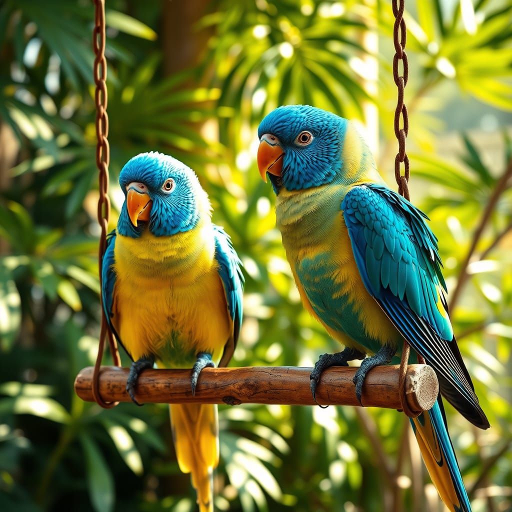 Vibrant Blue and Yellow Budgie Parrots in a Lush Aviary