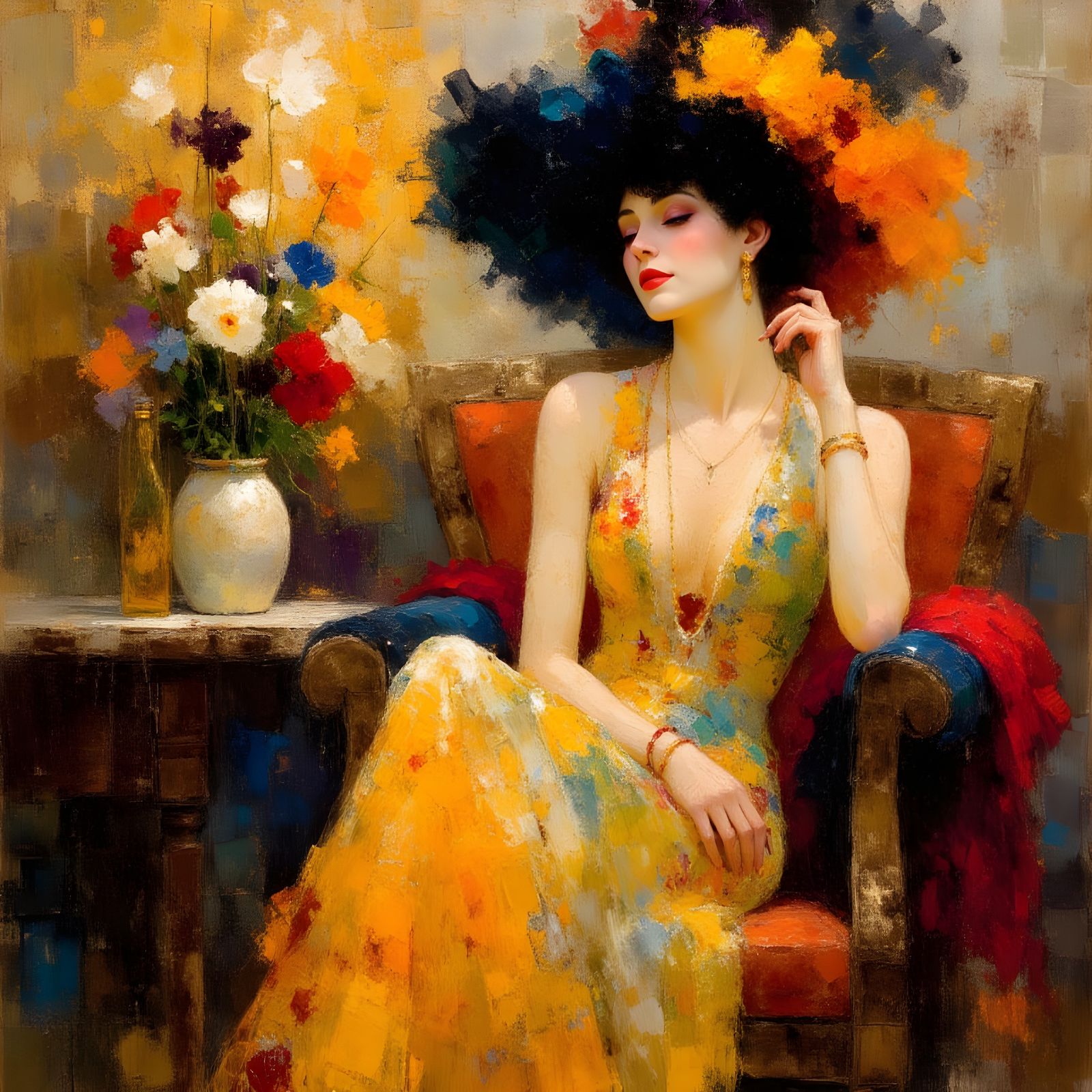 Flapper Prepares for Night Out in Klimt Style