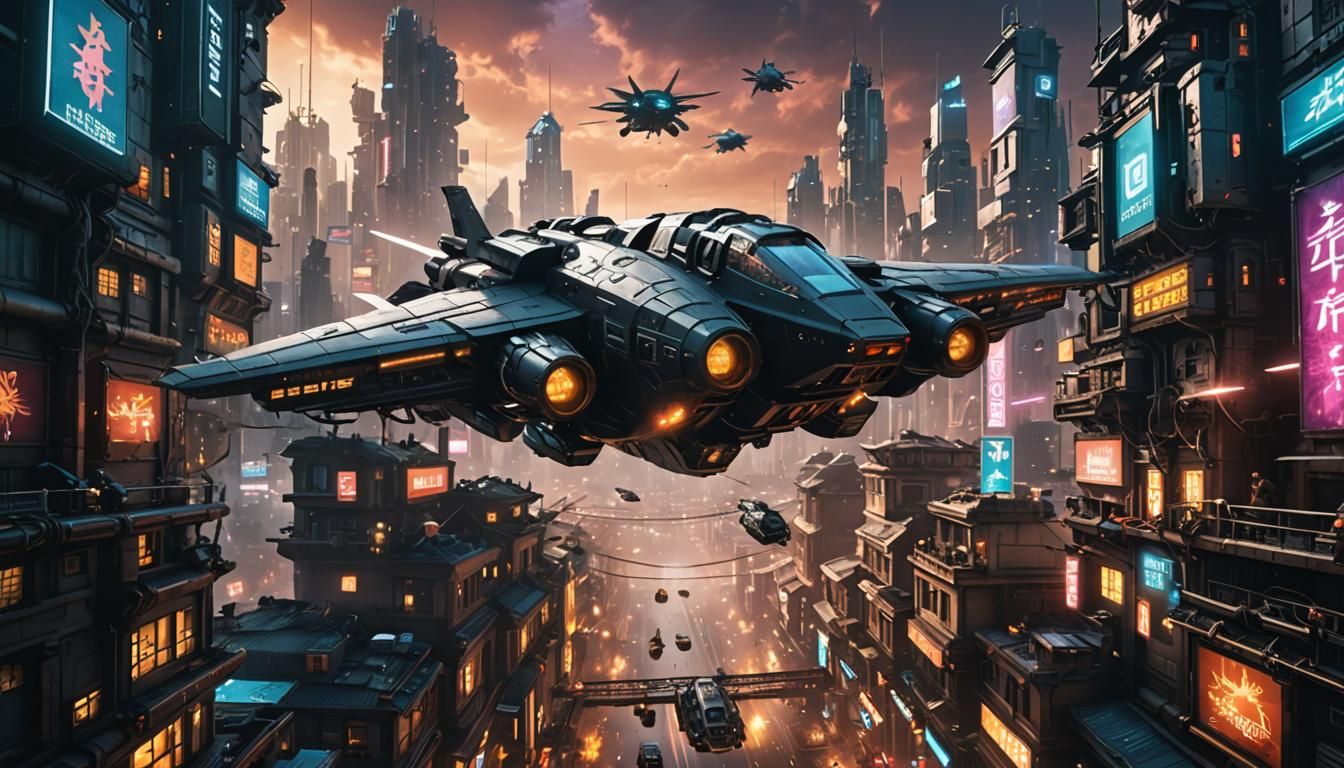 Cyberpunk City Sky Battle with Flying Ship