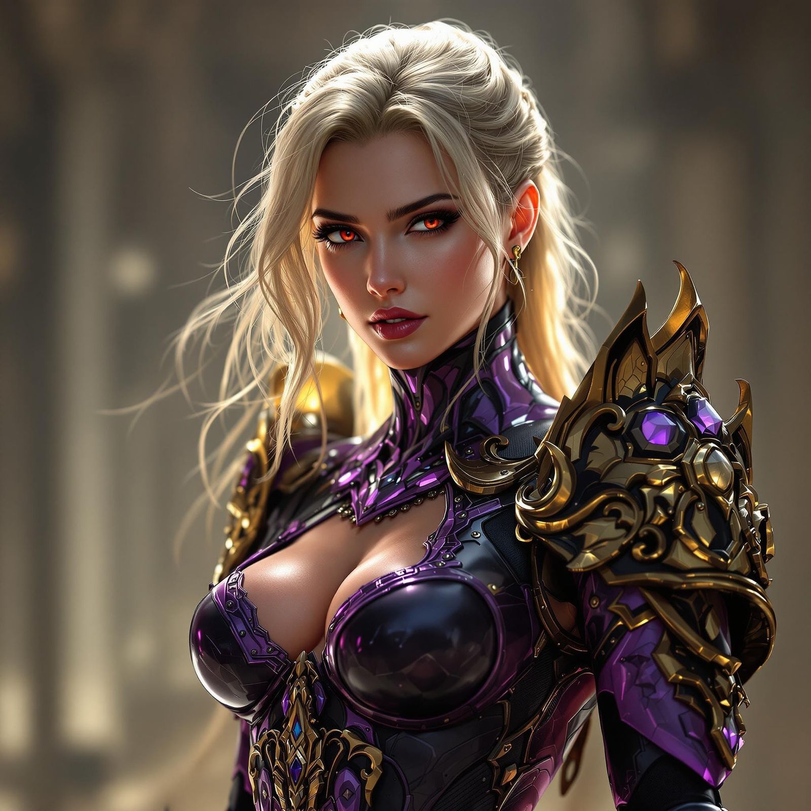 Armored Woman with Red Eyes in Hyperdetailed Style