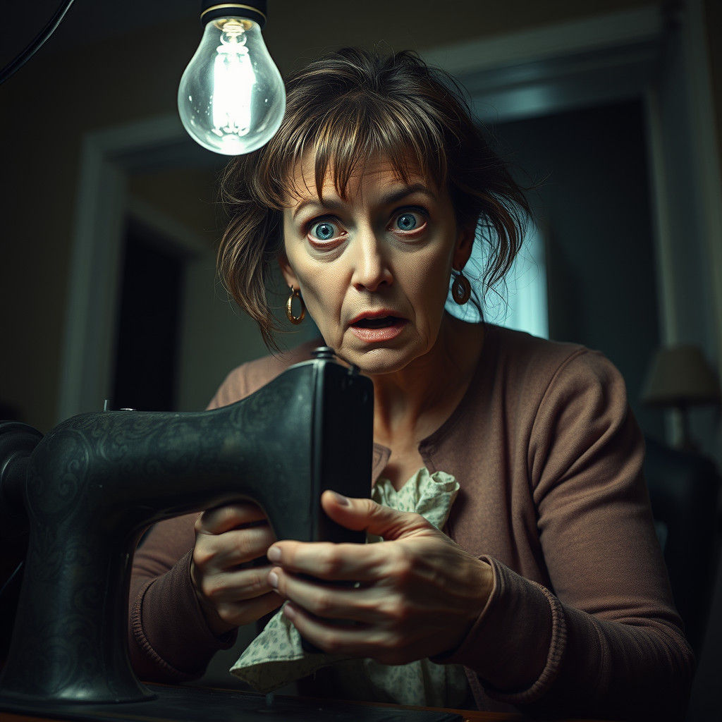 Terrified Seamstress in Hyperrealistic Eerie Lighting