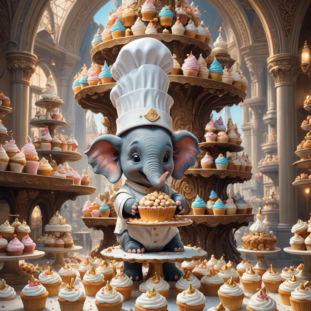 Elephant Pastry Chef Icing Cupcakes: 8k Masterpiece