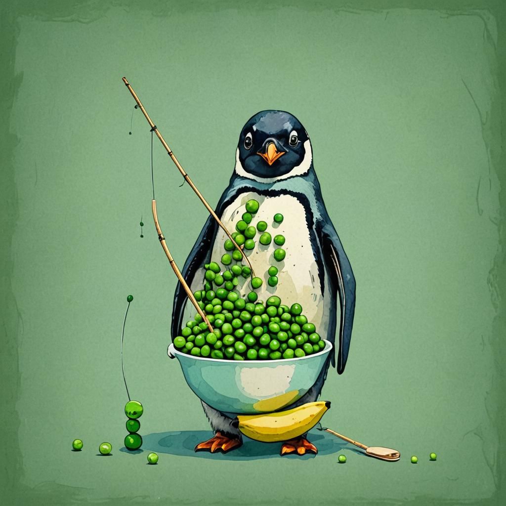 Penguin with Peas and Banana Fishing: Abstract Art