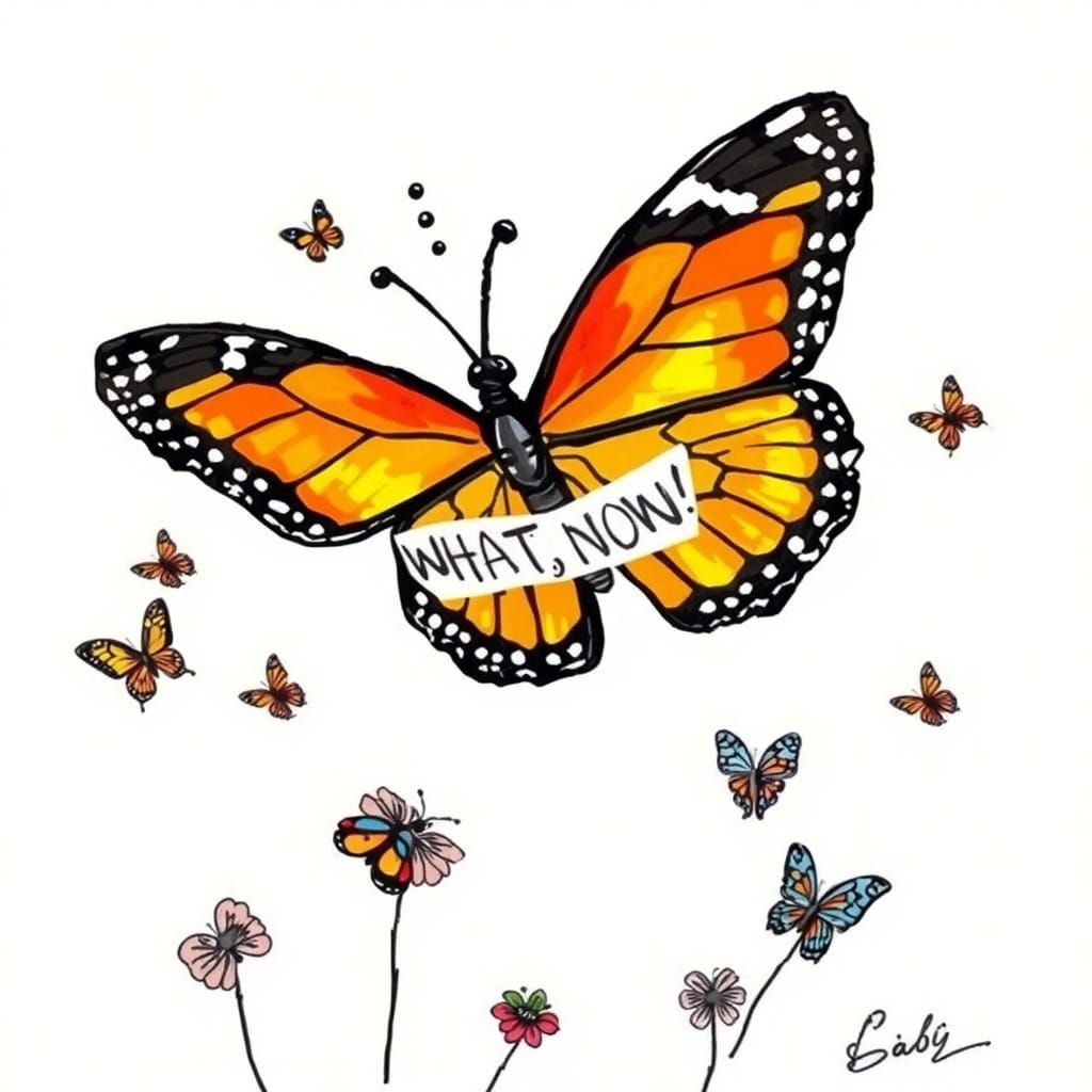 Confused Butterfly Cartoon with Baby Butterflies