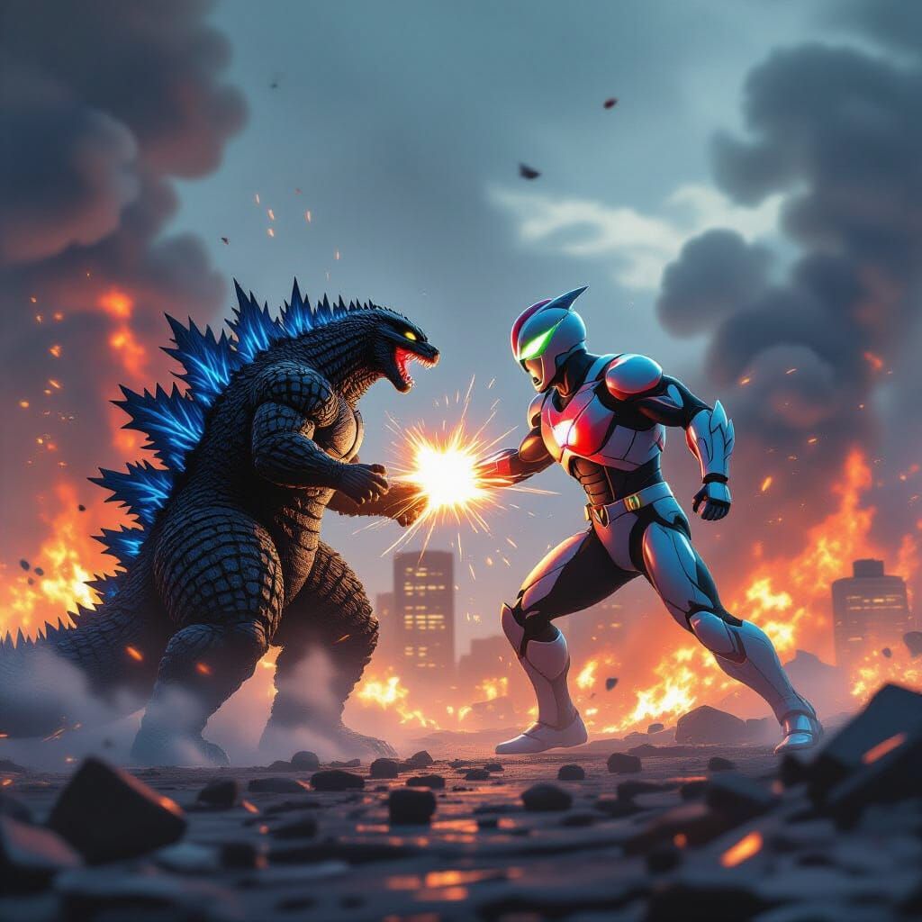 Godzilla and Ultraman Battle in Burning Tokyo Comic Style
