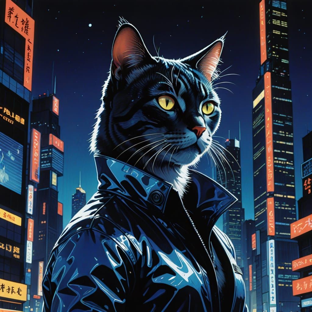 Chrome Cat Perched Atop Cyberpunk Skyscraper