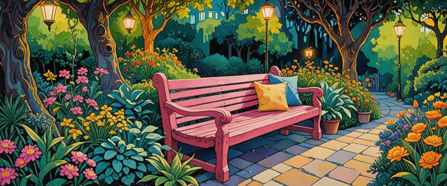 Garden in Naive Folk Art Style with Benches