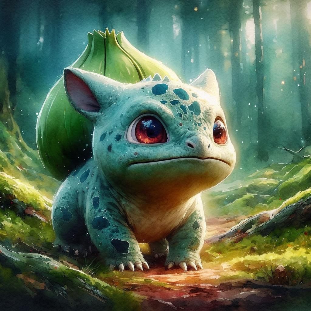 Hyper-Realistic Bulbasaur Portrait in Forest Setting
