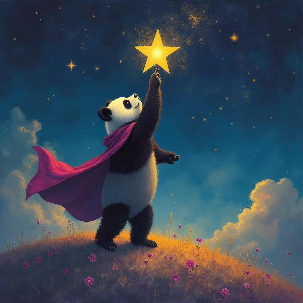Panda Picking a Star in Surrealist Style