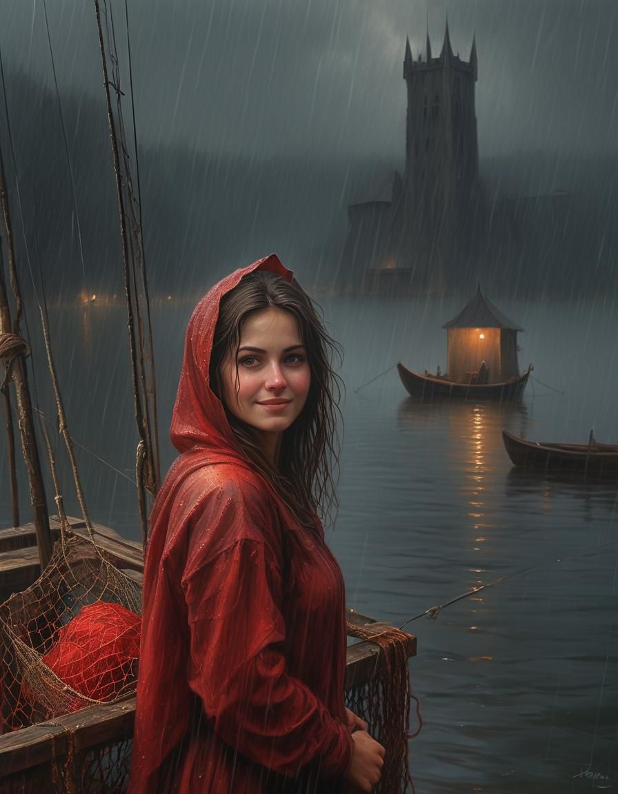 Renaissance Woman in Rain: Chiaroscuro Oil Painting