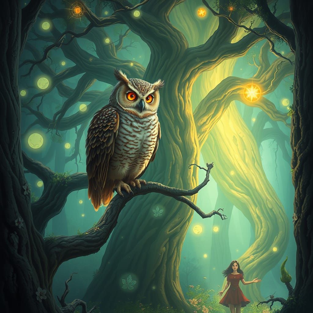 Enchanted Forest Owl on Glowing Tree Branch