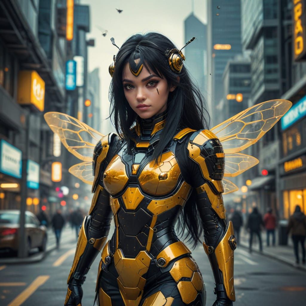 Cyberpunk Bee Girl in Futuristic Bees Hive City