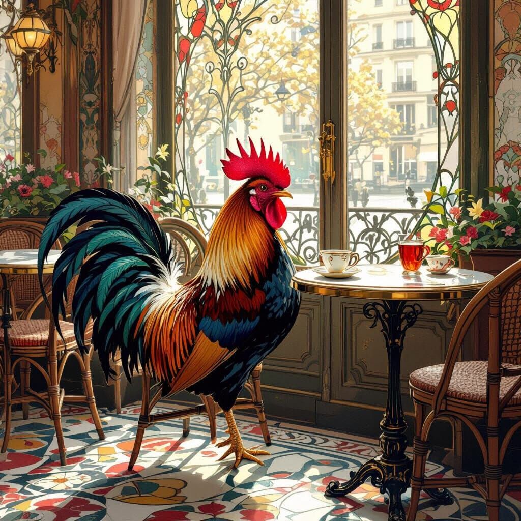 Rooster Sipping Tea in Art Nouveau Cafe