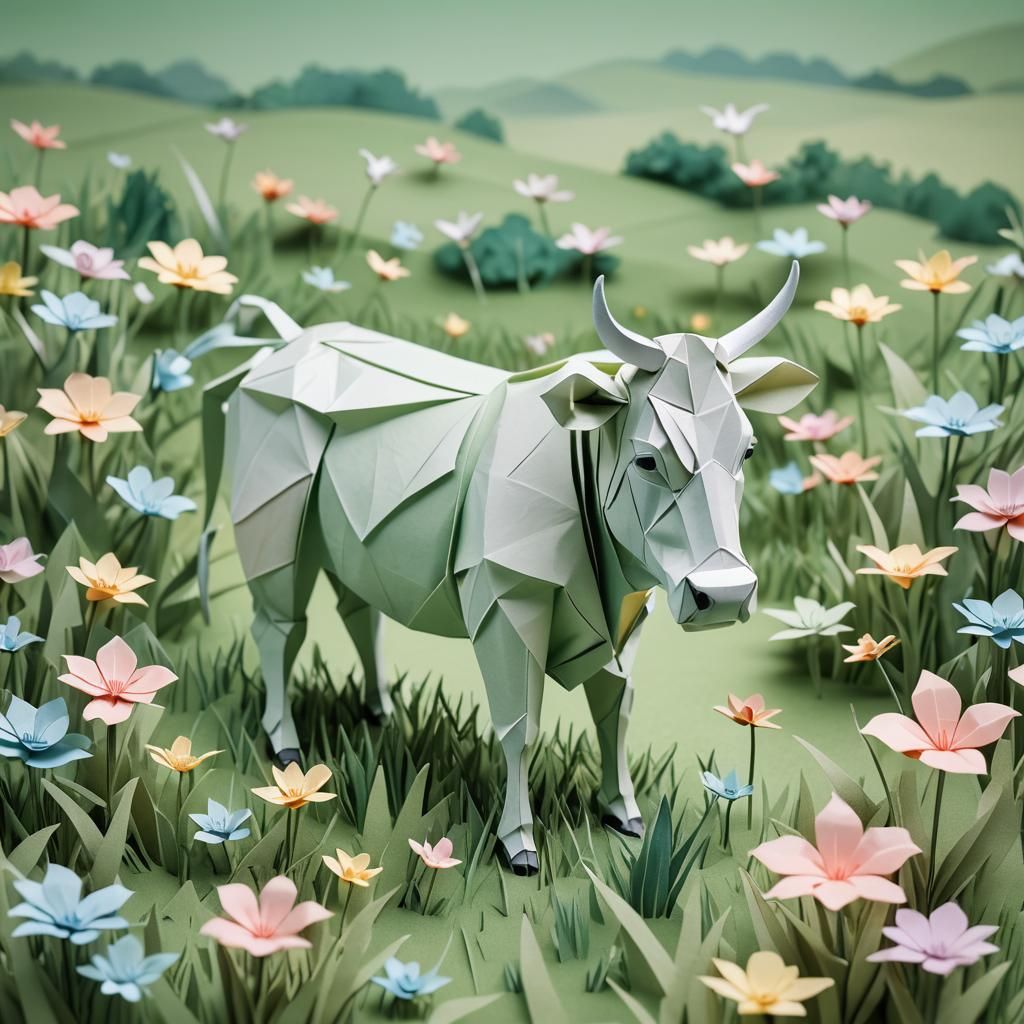 Origami Cow in Meadow: Papercraft Art