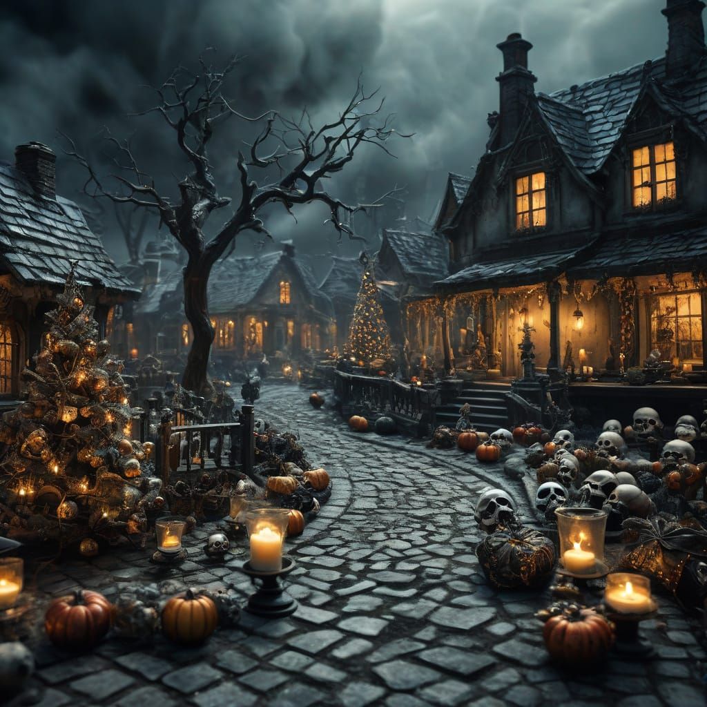 Surreal Christmas Scene with Skulls and Bones