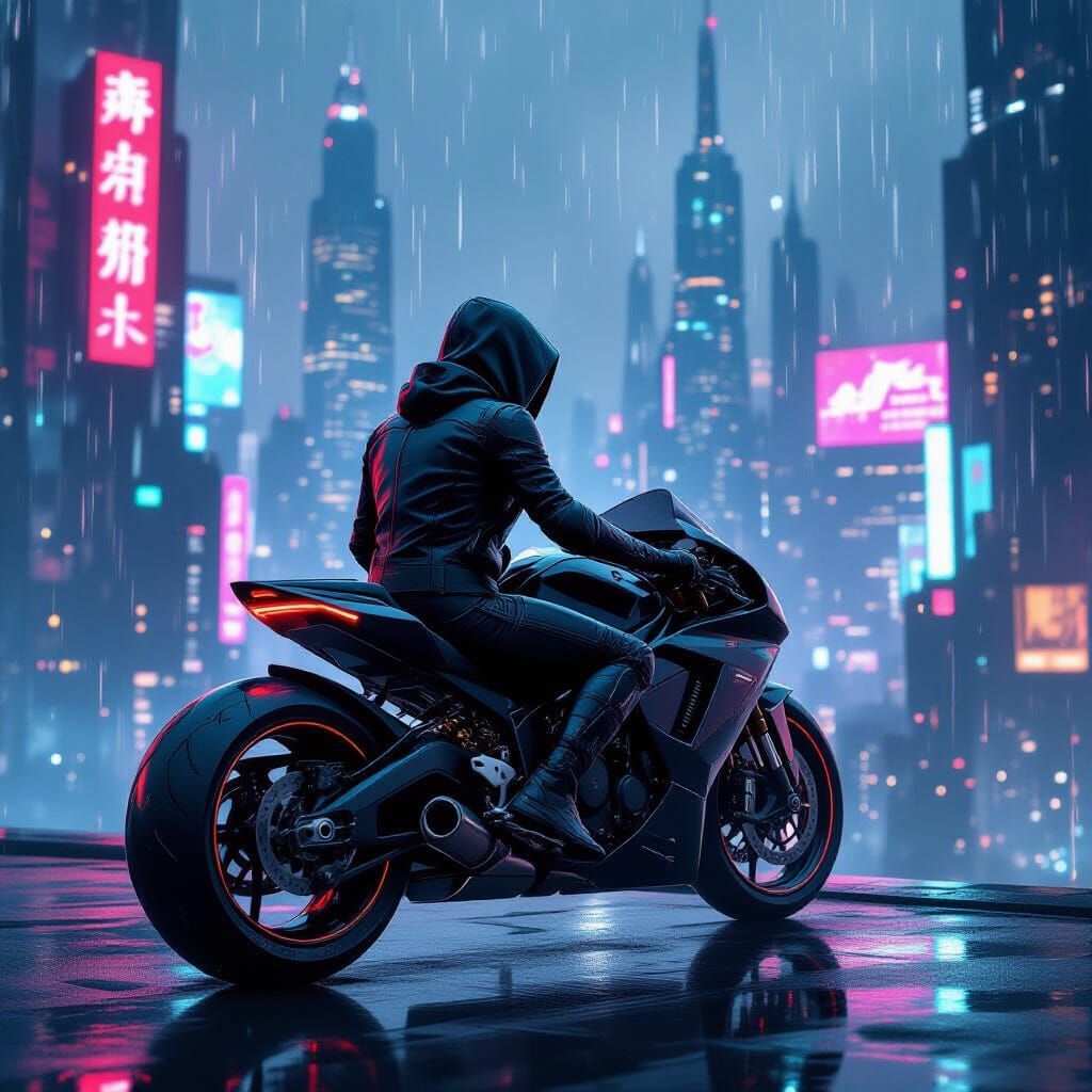 Cyberpunk Rider in Rainy Cityscape, Digital Painting