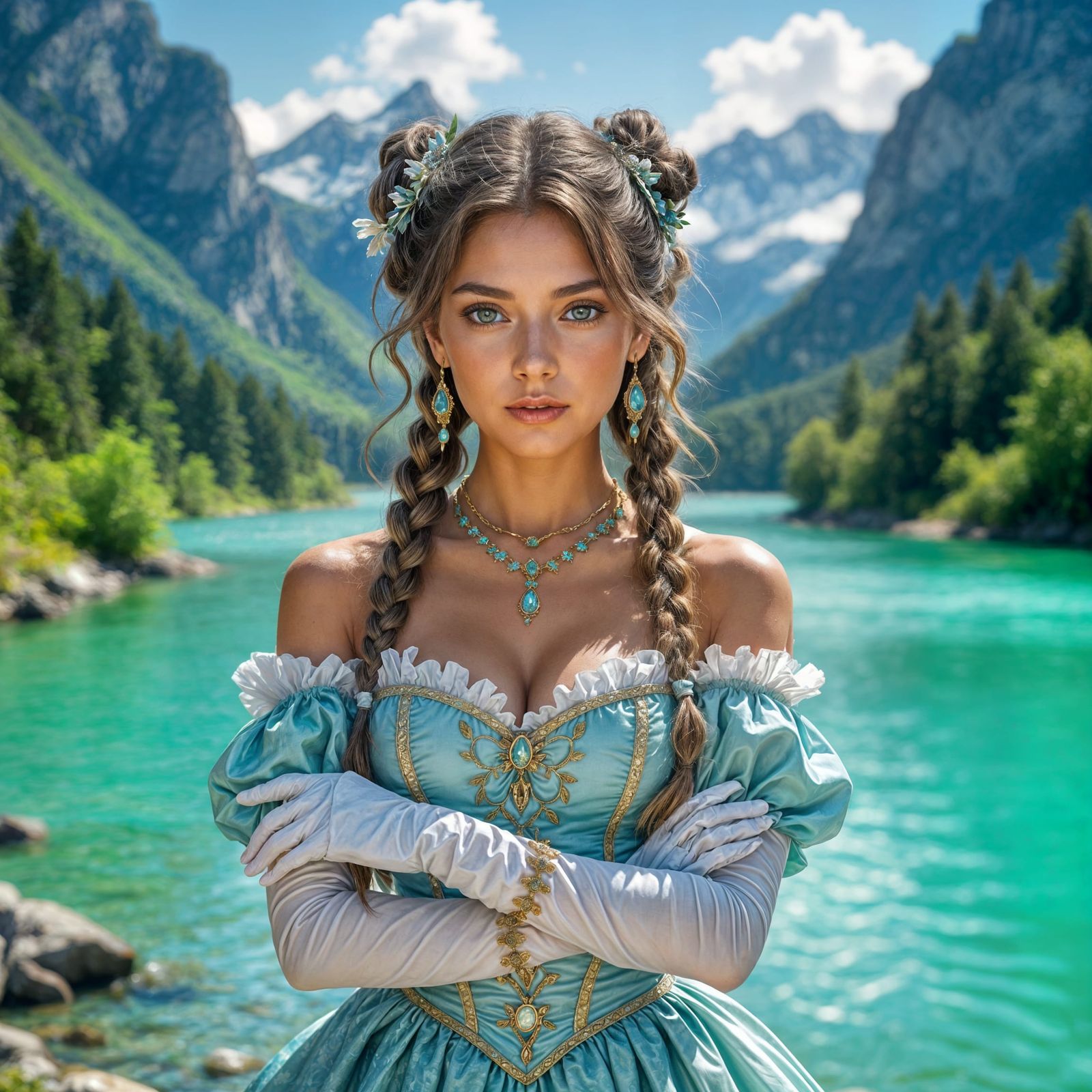 Beautiful Woman with Green Eyes and Golden Blue Hair Posing ...