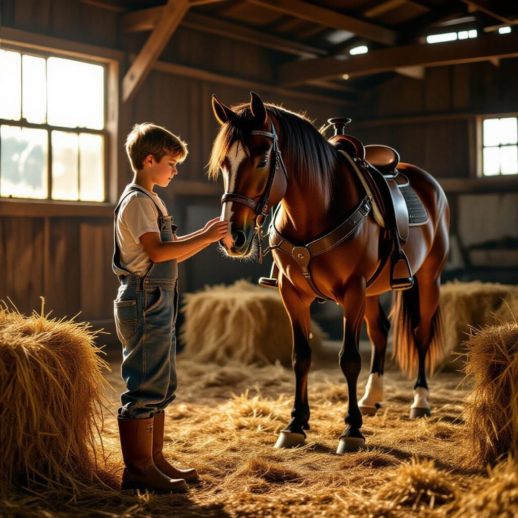 Stable Boy Tends Futuristic Hover-Horse in Glowing Barn