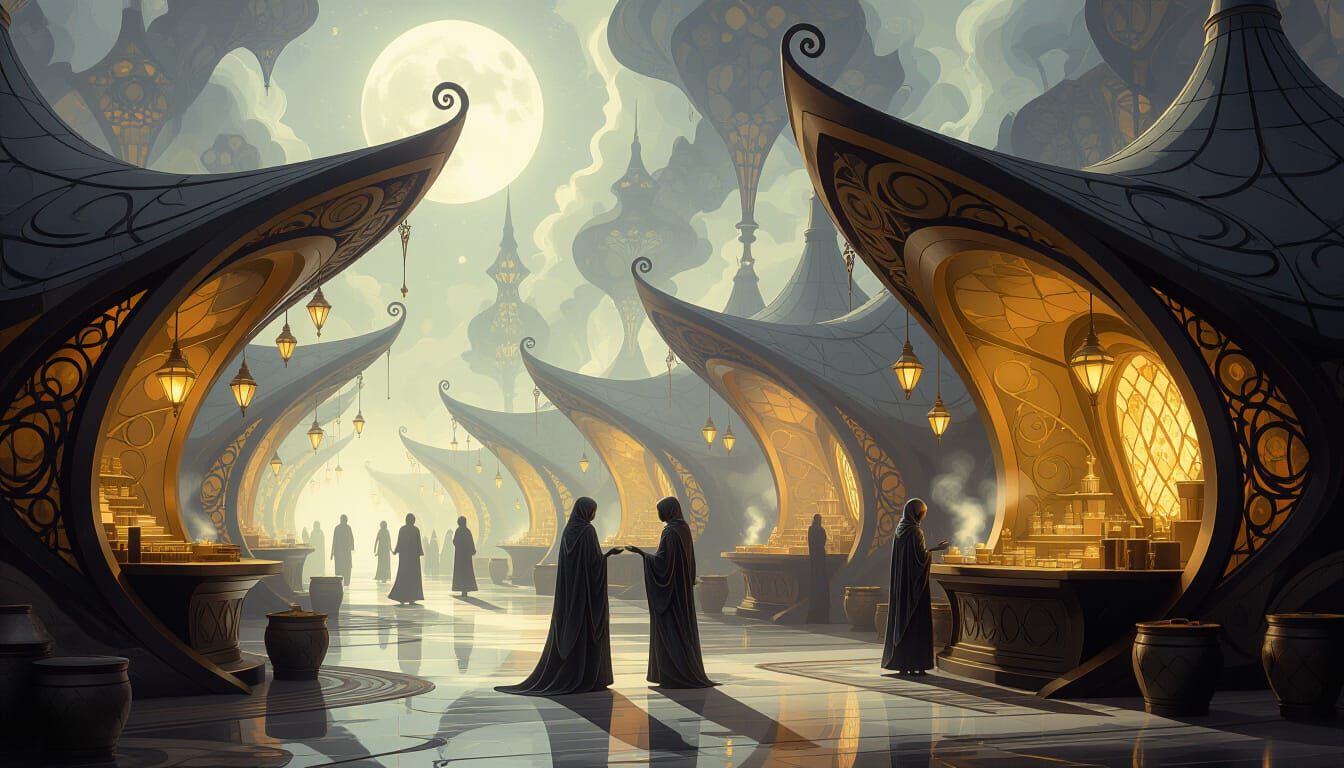 Dreamlike Alien Night Bazaar with Luminous Flora