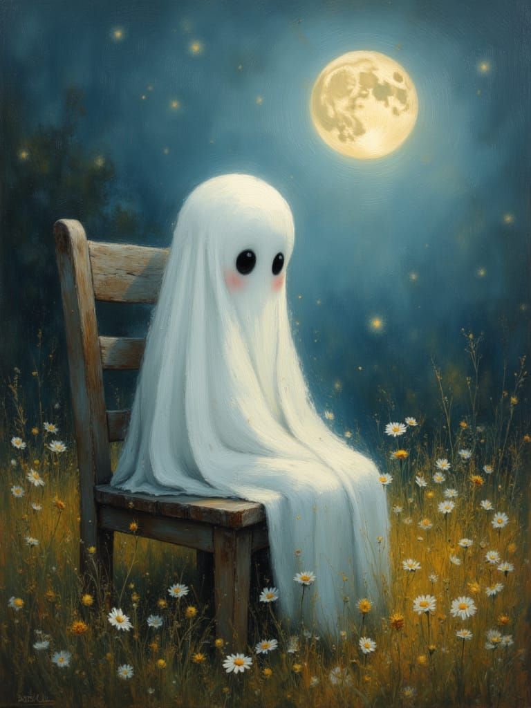 Cute Ghost in Oil Painting on Wooden Chair by Moonlight
