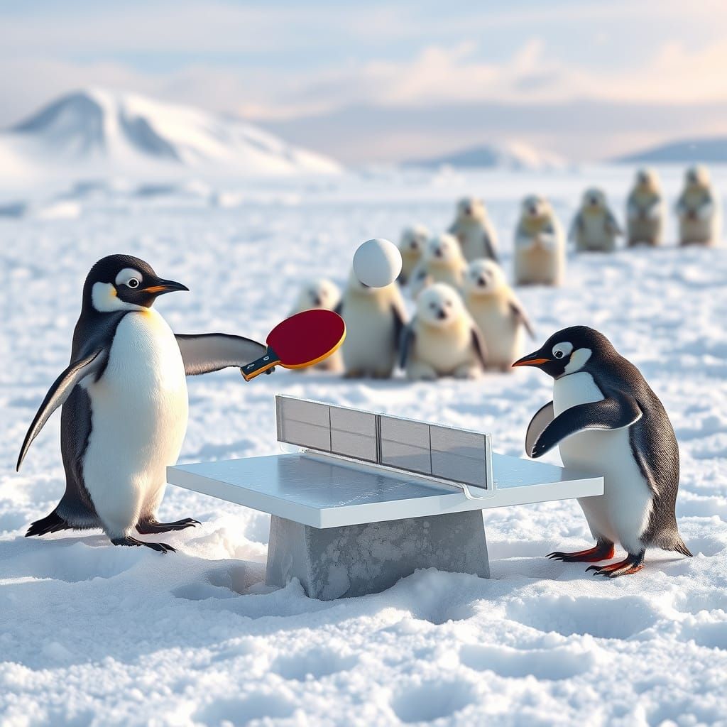 Penguins Play Ping Pong in Snowy Landscape