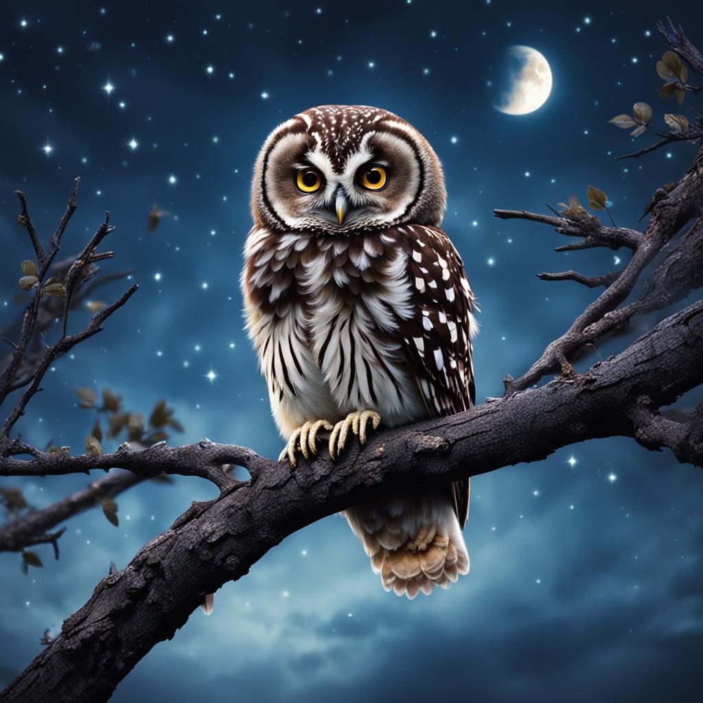 stunning baby owl siting on a branch against the moonlit sky