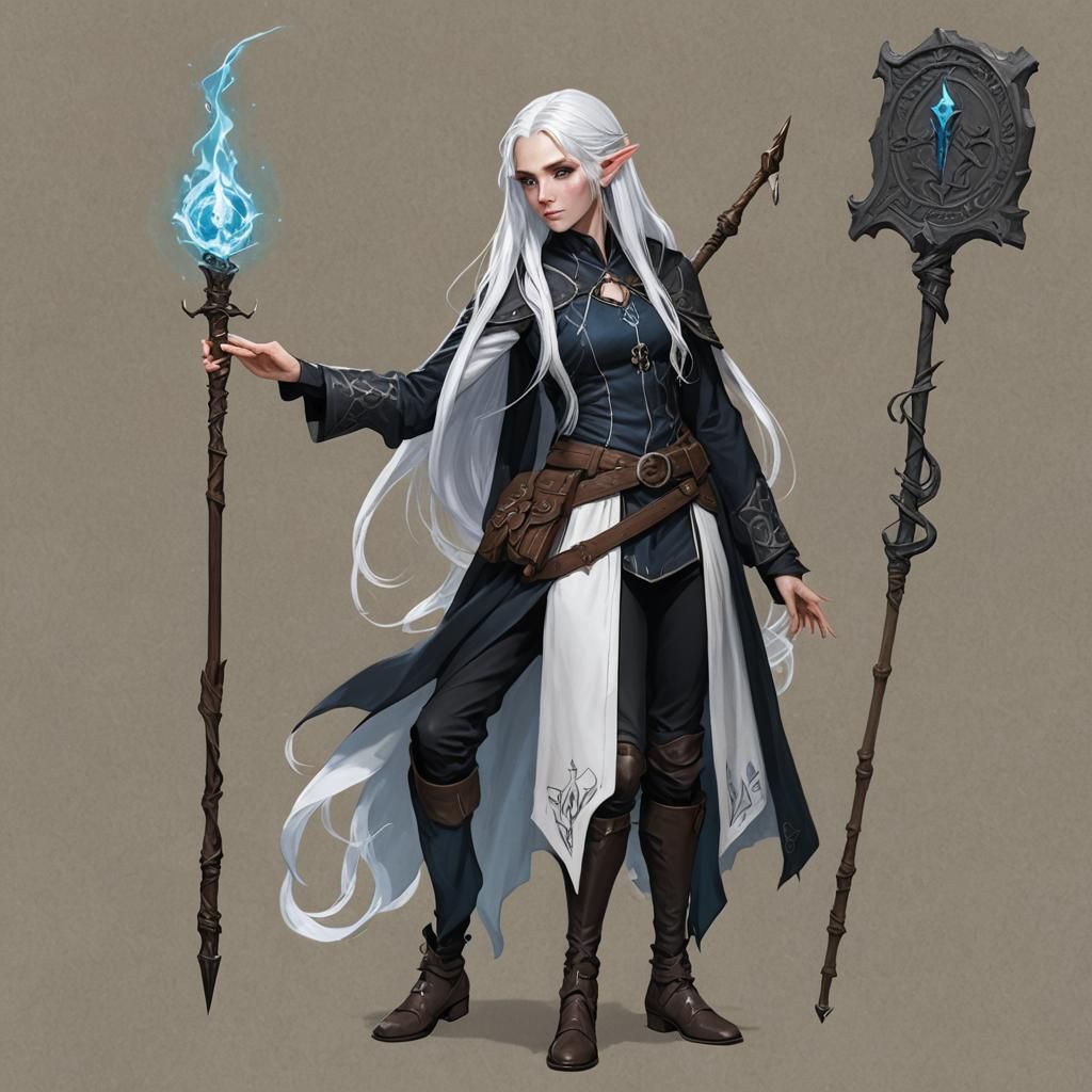 Elf girl wizard dnd, really long white hair, order of scribe...