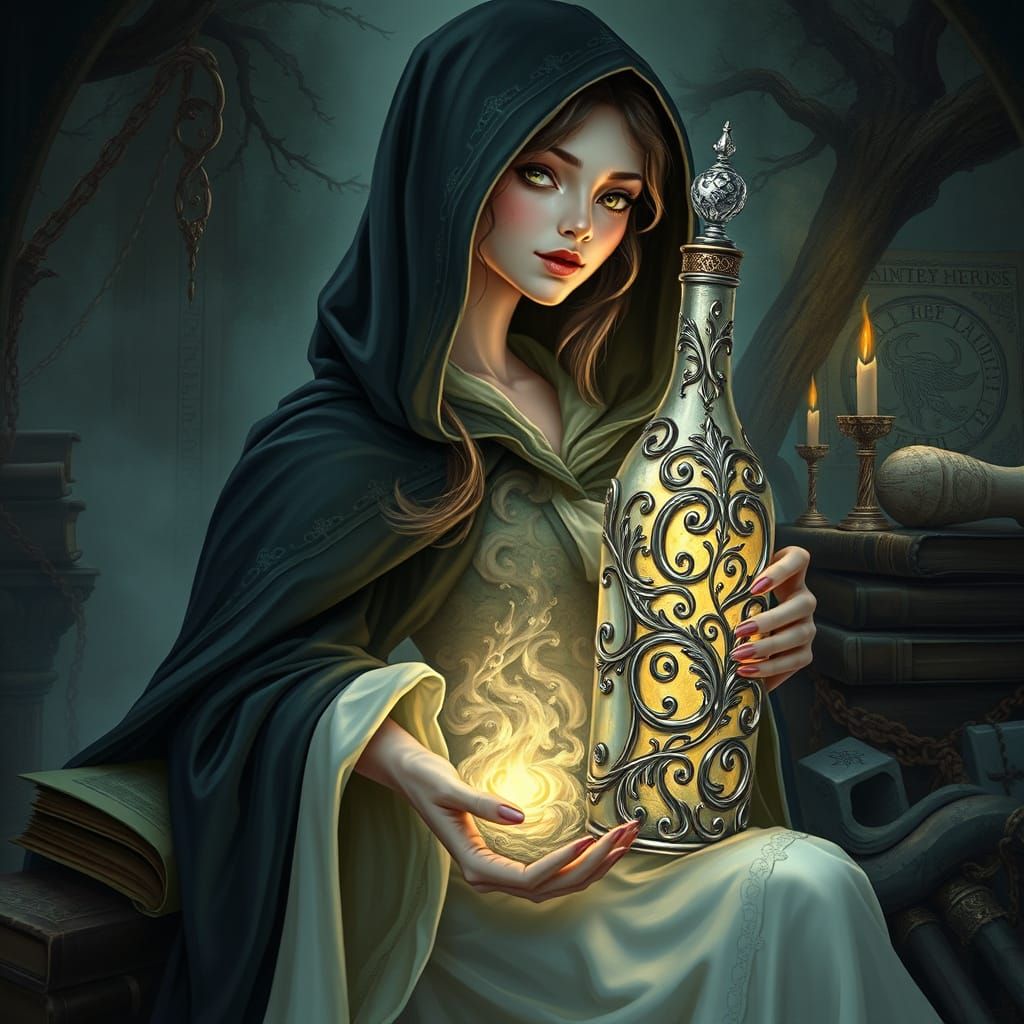 Mystical Woman Holds Ornate, Glowing Bottle with Polished Bo...