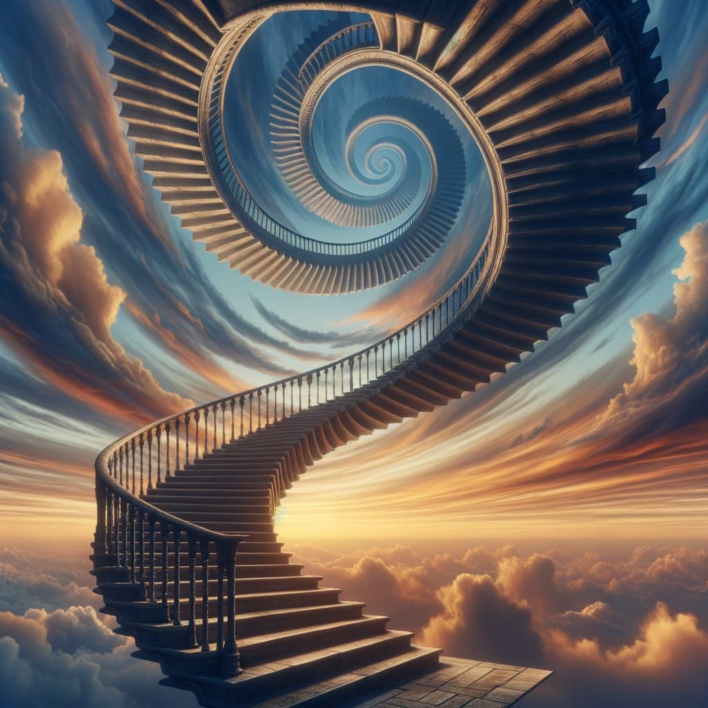 Endless Staircase Twisting to Sky with Vivid Sunset