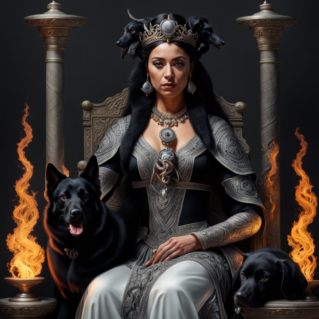 Hyperrealistic Portrait of Goddess Hecate with Torches