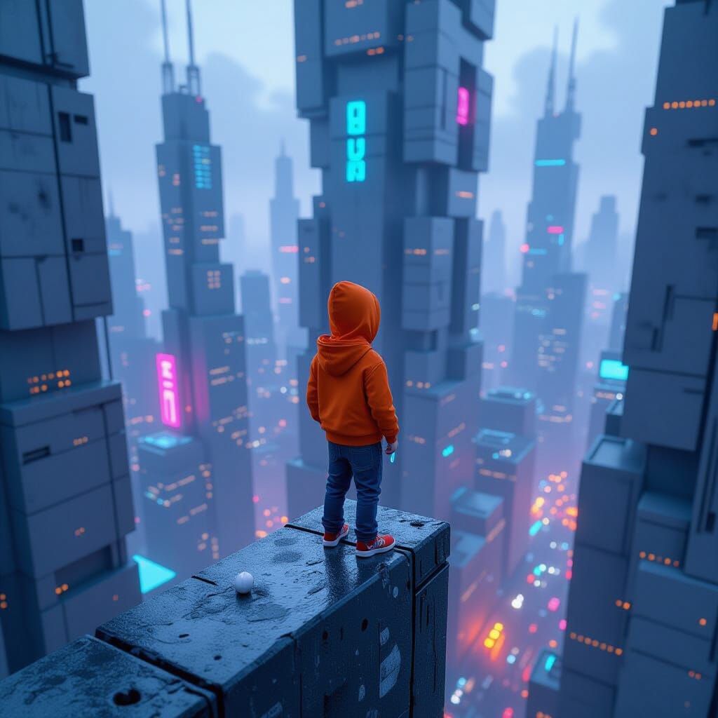 Boy on Brutalist Skyscraper in Pixar Style