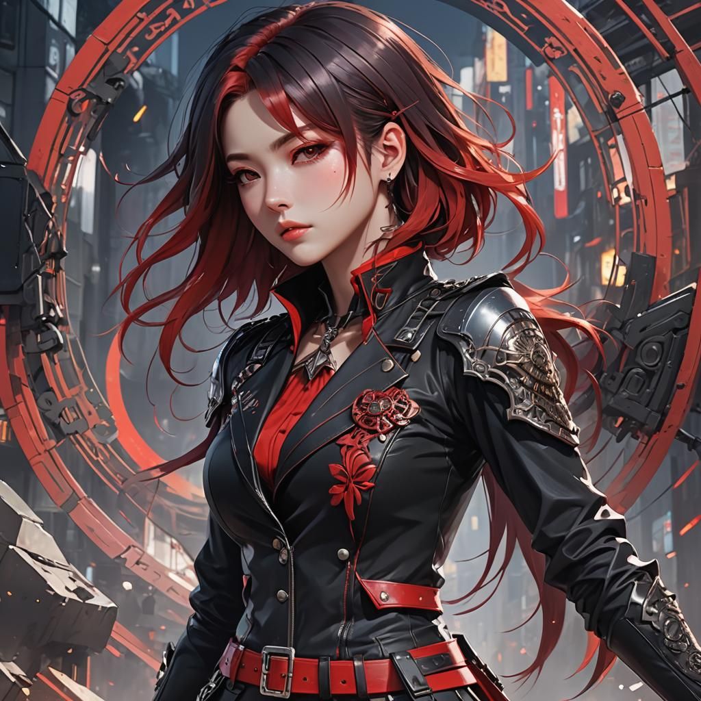 Anime Style Portrait of a Woman with Red and Black Hair