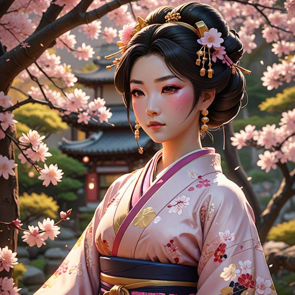 Serene Geisha Composing Haiku in Lush Garden as 3D Anime Art