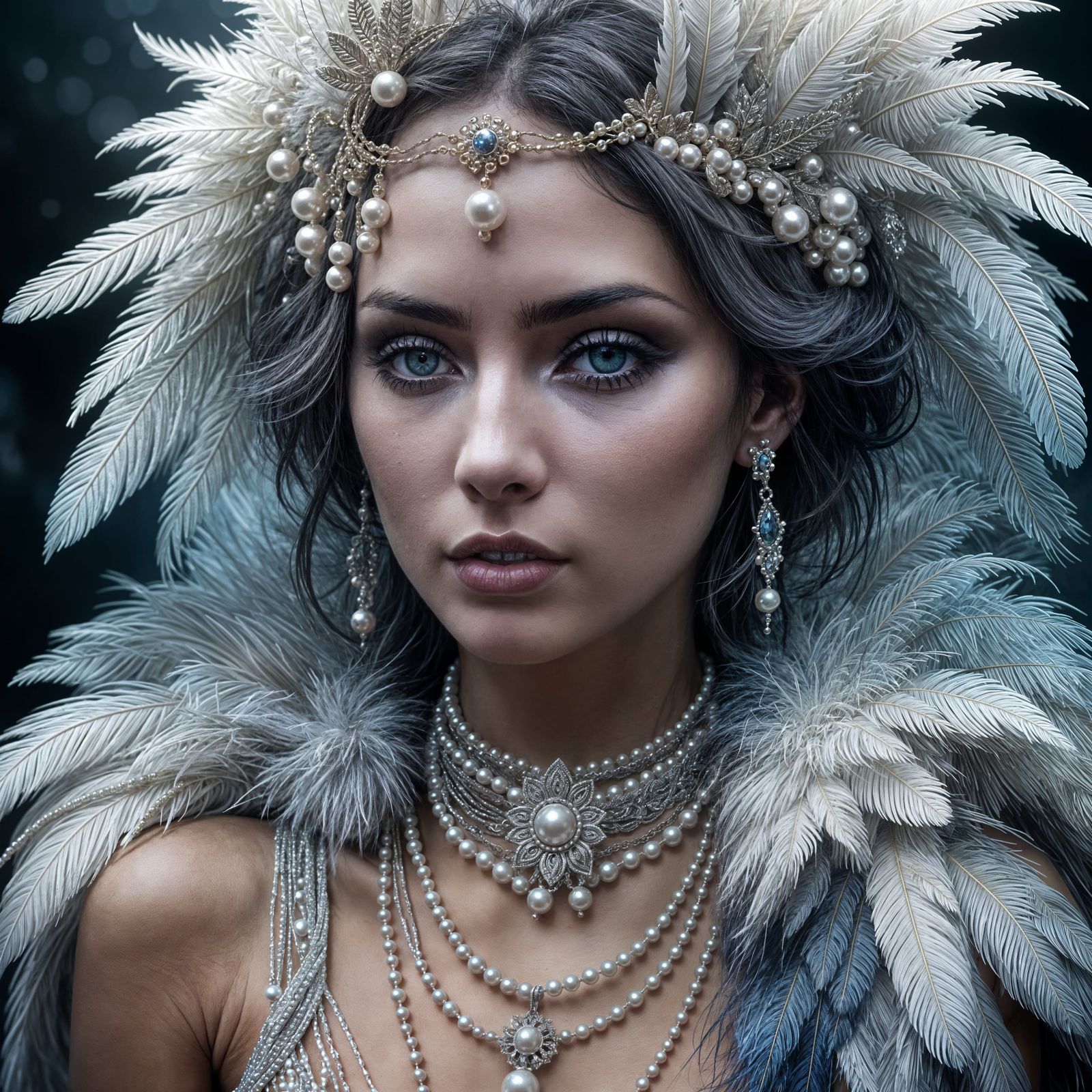 Epic Portrait of Woman in Pearls and Feathers