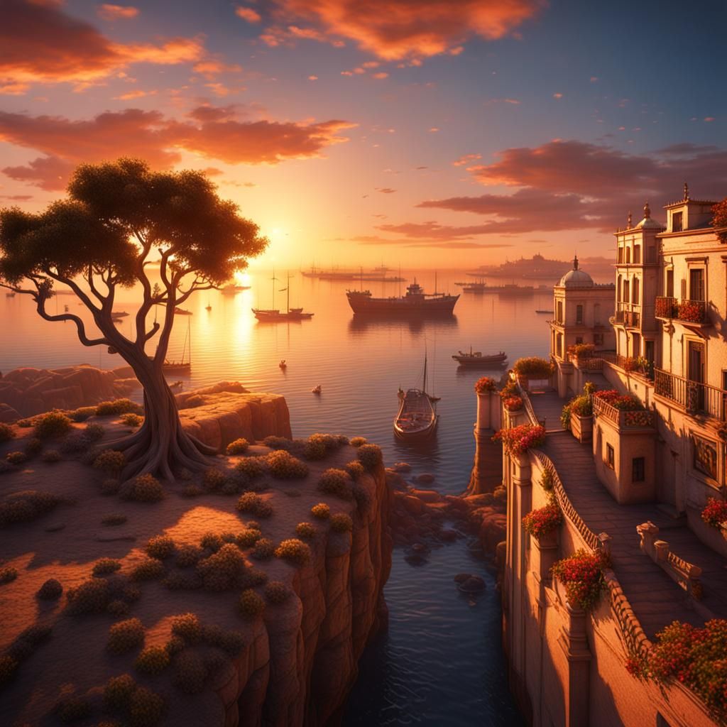 Couple Gazing at Sunset: Detailed Matte Painting