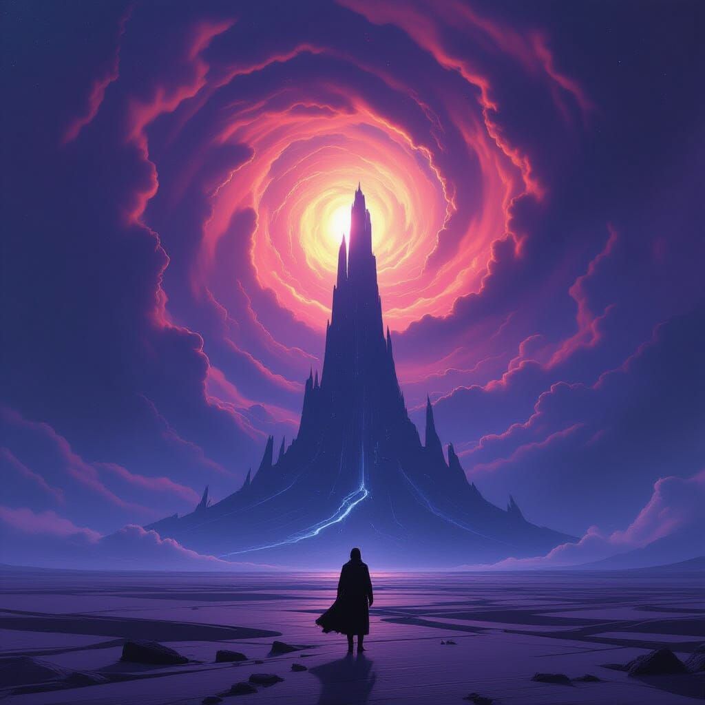 Alien Landscape with Colossal Structure in Cosmic Surrealism