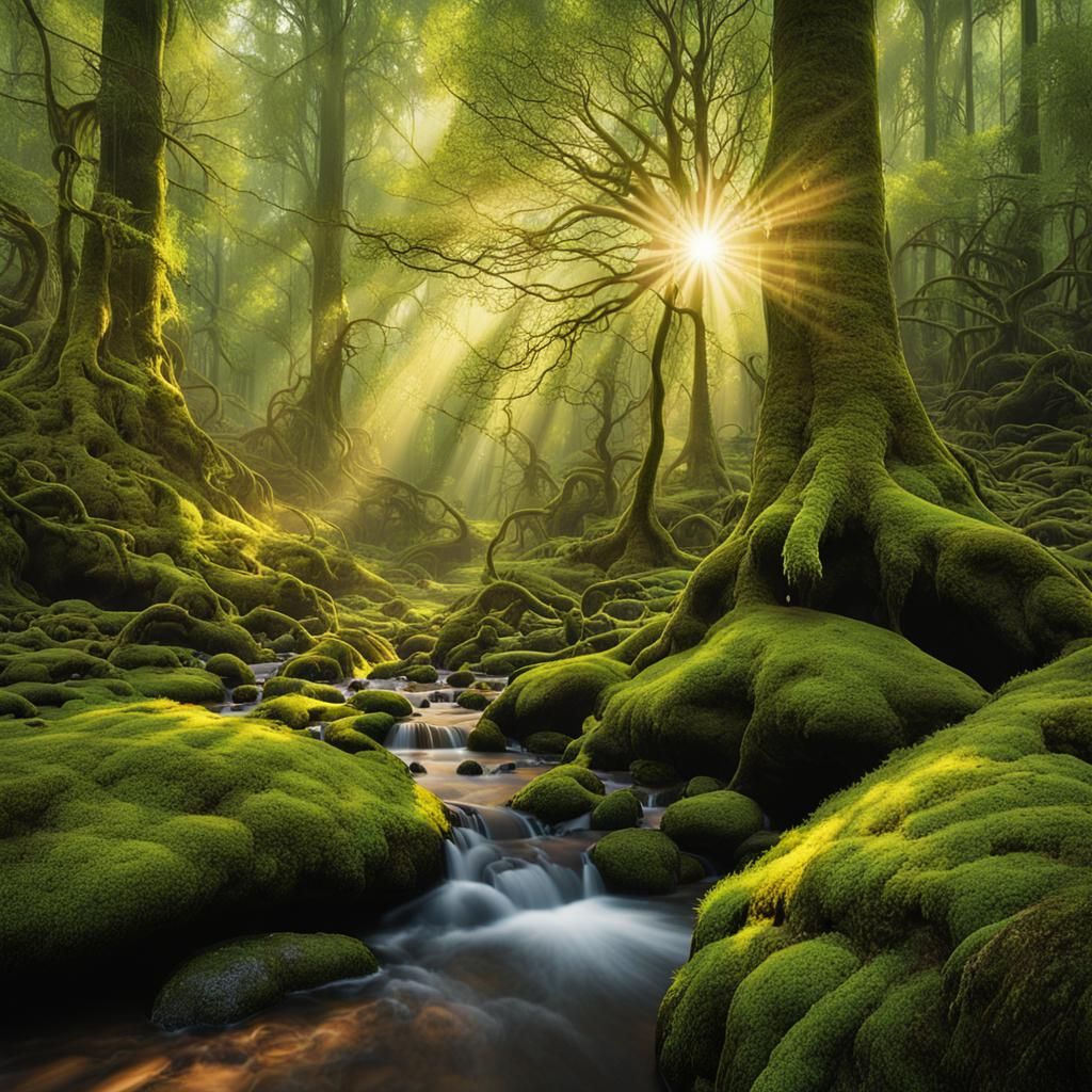 Hyperrealistic Forest Scene with Sunlight and Waterfall