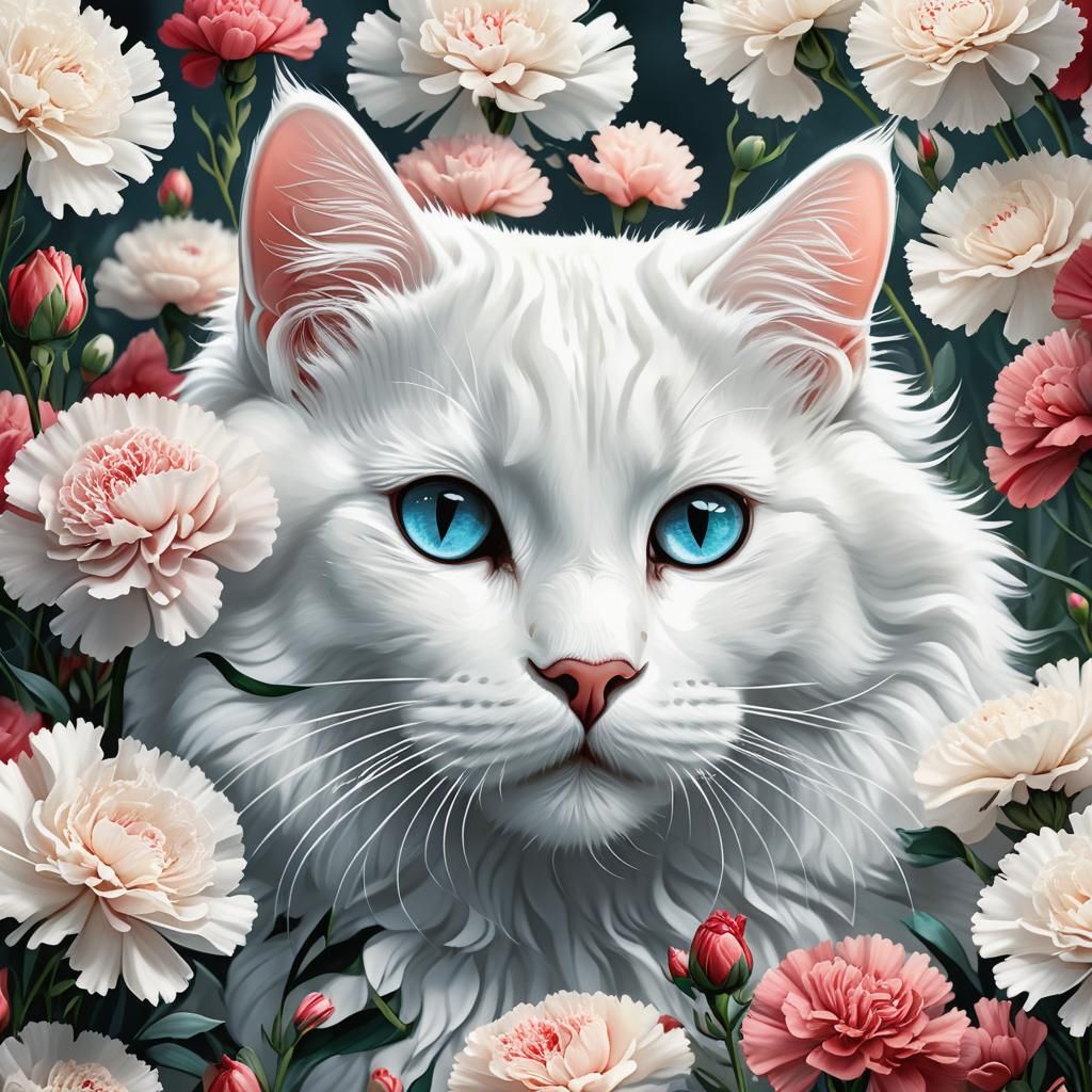 White Cat Among Carnations: Digital Art Illustration