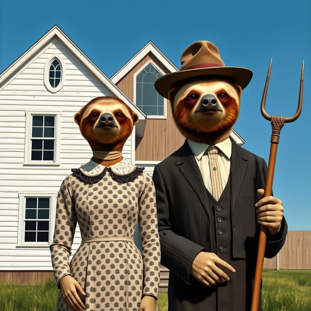Stoic Sloth Couple in Classic American Gothic Style