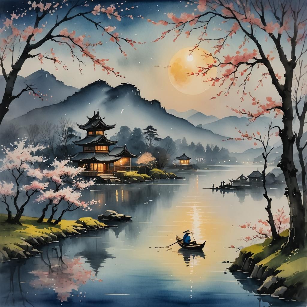 Serene Lakeside Night Scene in Watercolor Style