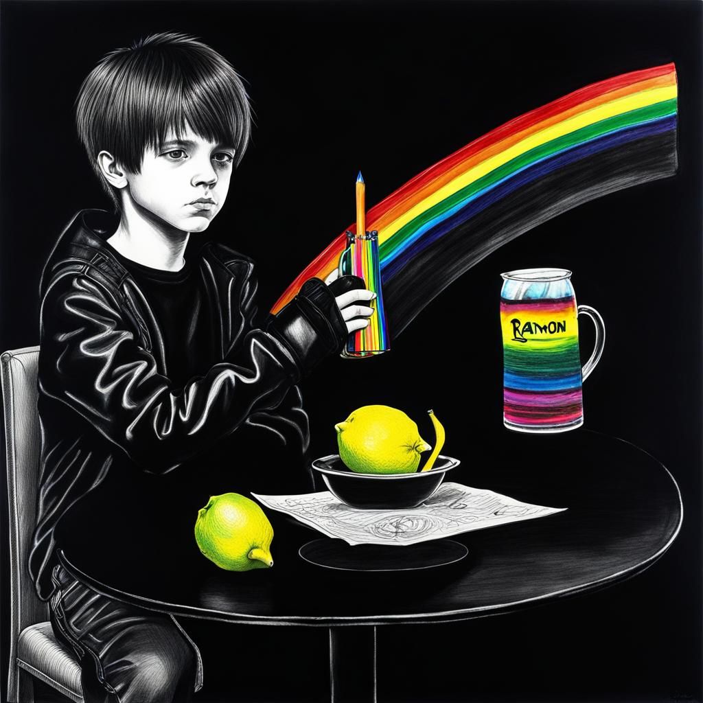 Gloomy Goth Teenager with Rainbows in Surreal Drawing